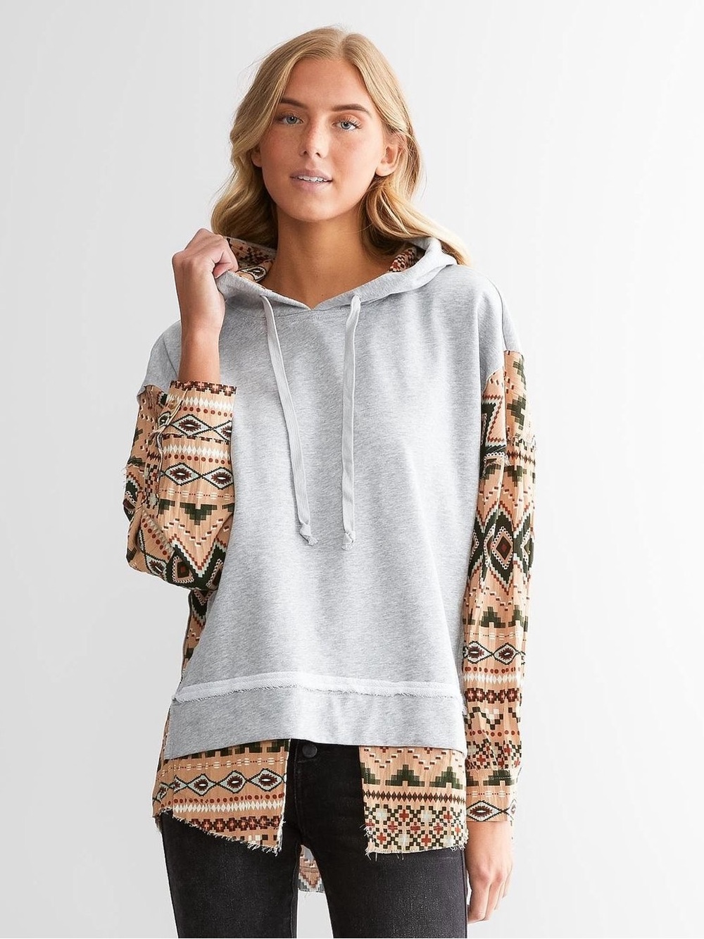 Gilded Intent Light Gray Hoodie with Tan Aztec Print Sleeves